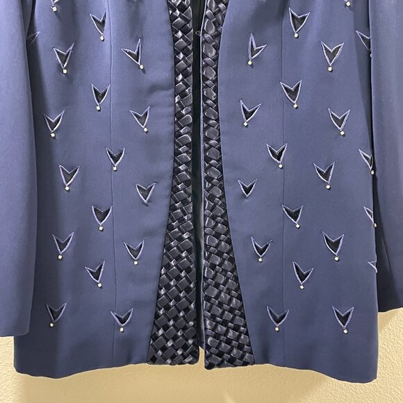 ELITE CHAMPAGNE Rare Find Vintage Blazer Embroider Cutouts Rhinestones, Navy -12 - Picture 4 of 11